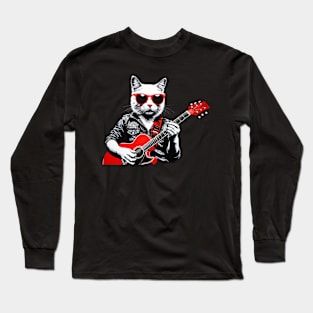 Funny Cat wearing sunglasses playing Guitar Guitarist Long Sleeve T-Shirt